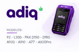 Adiq — terminais compatíveis: P2 · L300 · PAX D150 · D180 · A920 · A910 · A77 · A920Pro